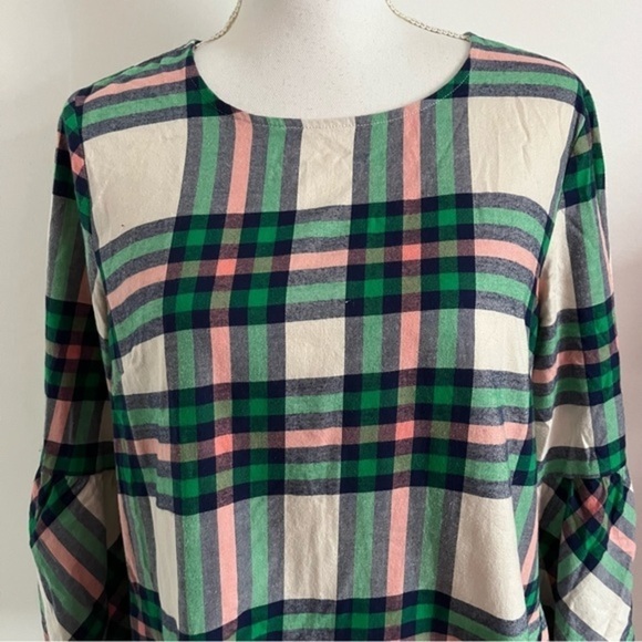 J. Crew • Green Plaid Flannel Bell Sleeve Blouse - Picture 4 of 8